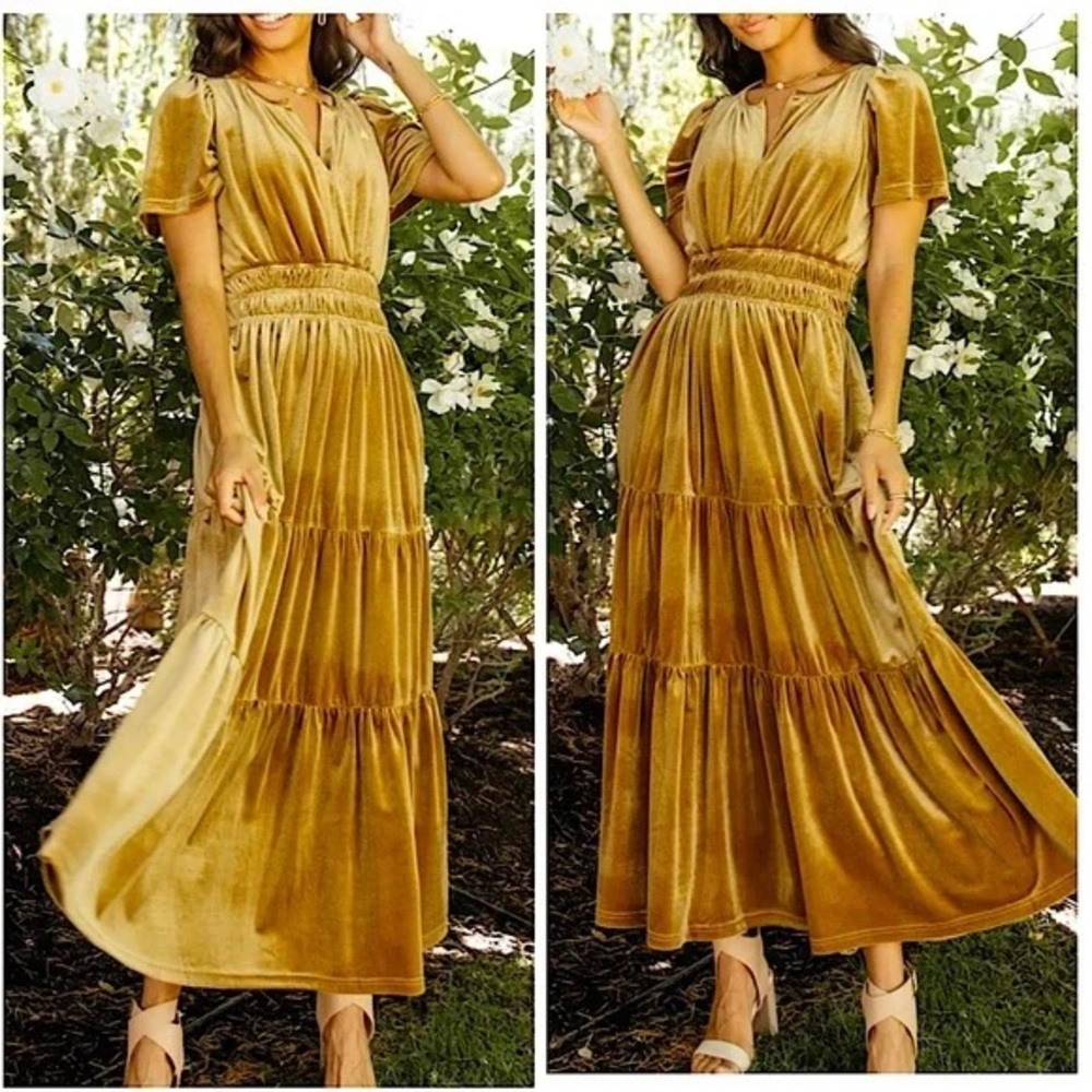 bohme Gold Velvet Tiered Maxi Dress